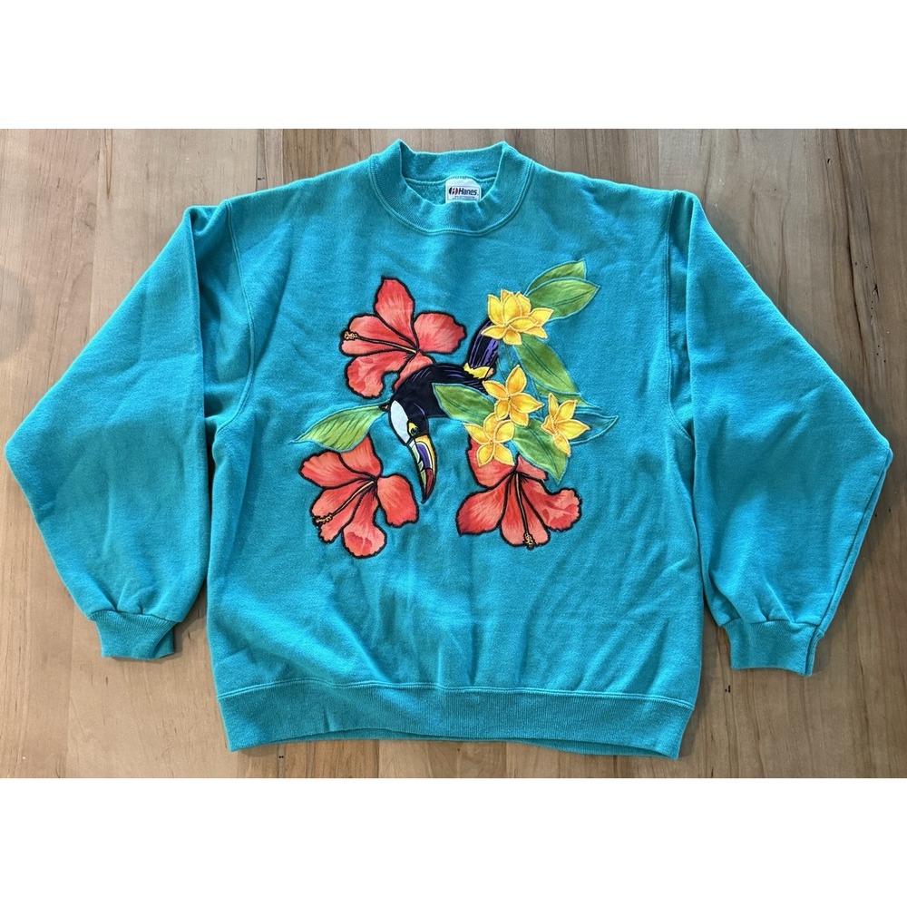 Vintage Hanes Toucan Tropical Flowers Sweatshirt Women L Cottage Core USA